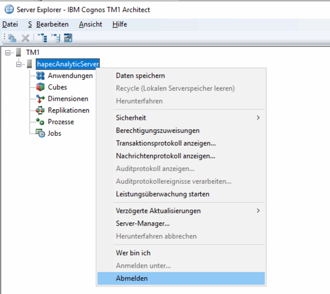 Datei:System X Konfiguration Analytic Server Security TM1 Server abmelden.png