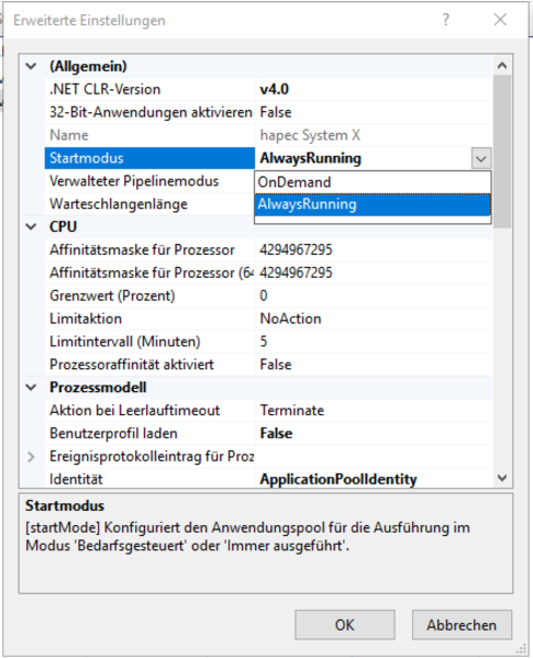 Datei:System X Konfiguration SingleSignOn Anwendungspool always running.png