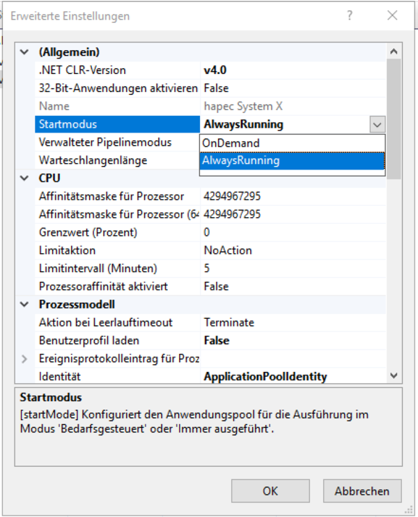 System X Konfiguration SingleSignOn Anwendungspool always running.png