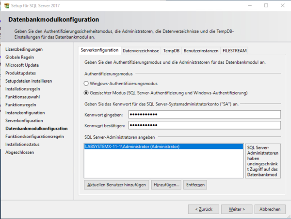 Installation Microsoft SQL Server 2017 Datenbankmodulkonfiguration Server.png