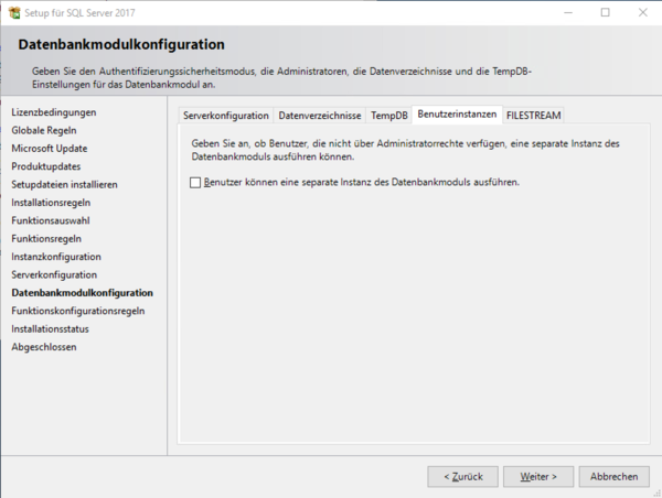 Installation Microsoft SQL Server 2017 Datenbankmodulkonfiguration Benutzerinstanzen.png